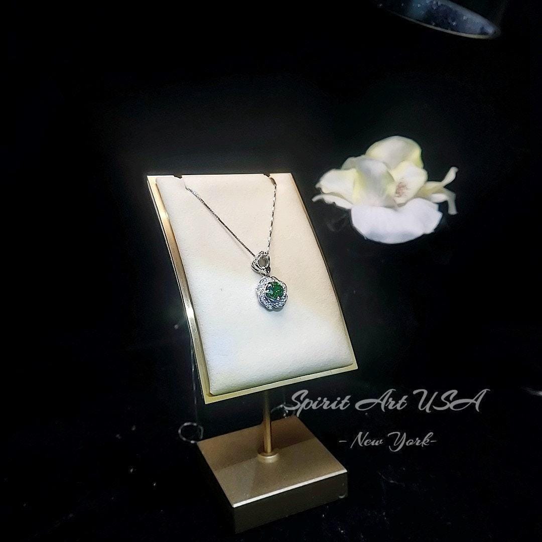 Green Diopside Emerald Necklace Rose Flower Style - 18kgp Sterling Silver - Dainty Round Cut Gemstone Halo Diopside Pendant #398