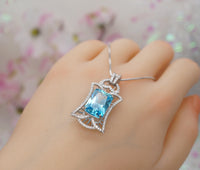 9 CT Blue Topaz Necklace - Gemstone Royal Flower Pendant - 18KGP @ Sterling Silver Radiant Rectangle Swiss Blue Topaz Jewelry #836