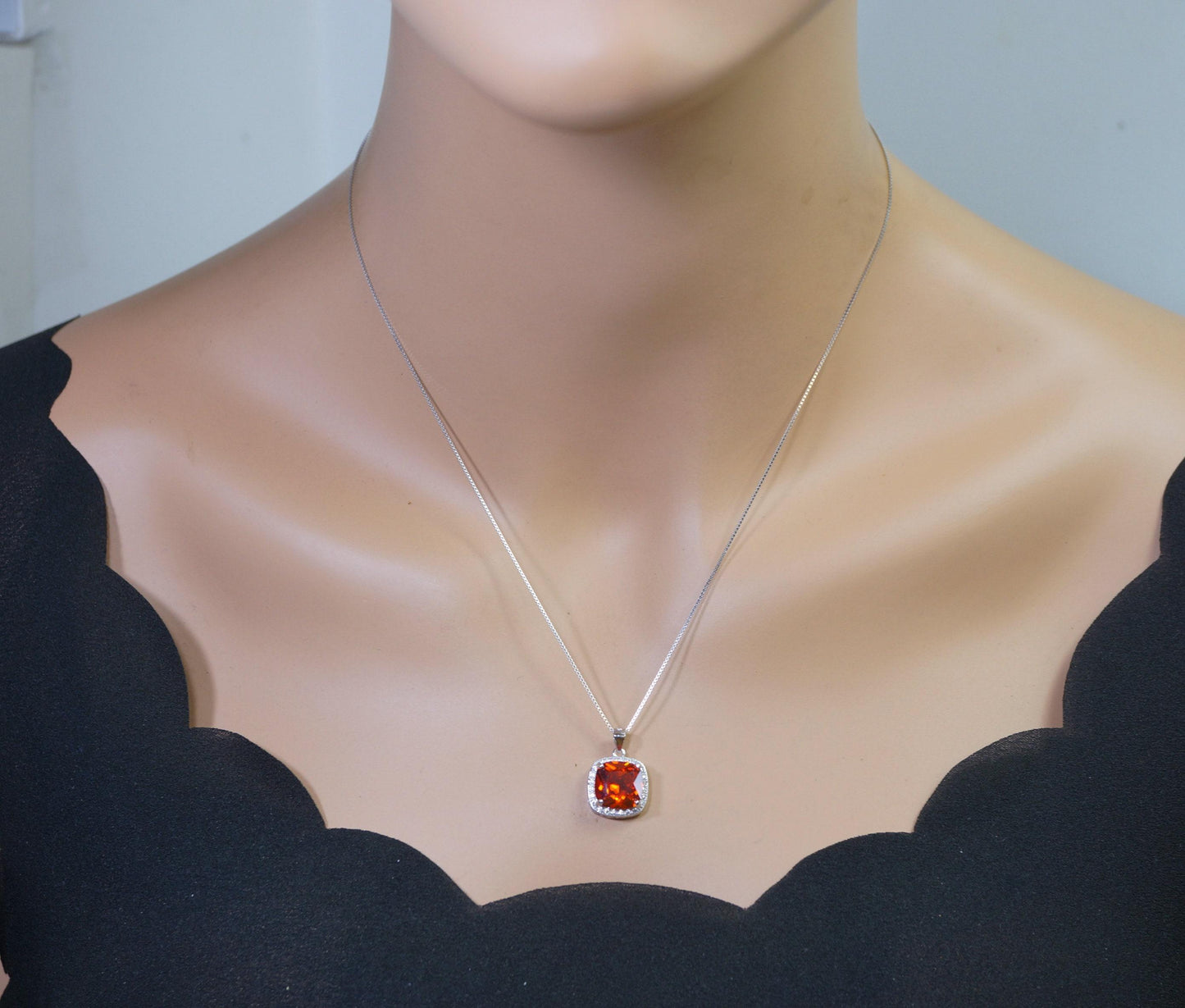 Sterling Silver Sunstone Necklace Red Orange Tangerine Spessartite Garnet Jewelry Square Cushion Cut Orange Sapphire Pendant #375