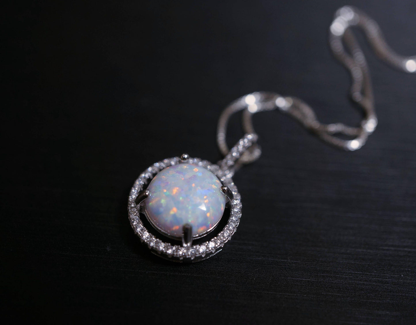 Opal Necklace - Large White Opal Gemstone Halo Circle Round 10mm 18KGP @ Sterling Silver Fire Opal #202