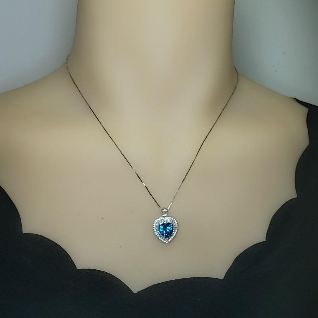 Blue Topaz Heart Necklace White Gold Coated Sterling Silver Gemstone Heart Pendant Blue Topaz Jewelry #950
