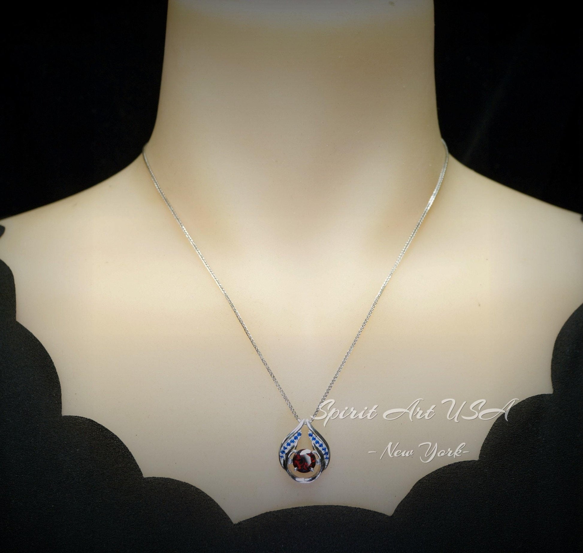 Spessartite Garnet Necklace - Hold My Heart Pendant - 18kgp @ Sterling Silver - 2 CT Round Cut Red Orange Garnet Pendant #590