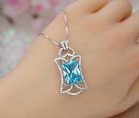 9 CT Blue Topaz Necklace - Gemstone Royal Flower Pendant - 18KGP @ Sterling Silver Radiant Rectangle Swiss Blue Topaz Jewelry #836