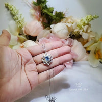 Blue Topaz Necklace, Gemstone Water Lily Flower Pendant, White Gold plated Sterling Silver 1 CT The goddess Athena Necklace #658