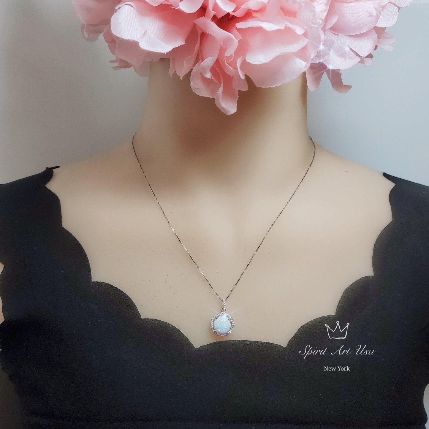 Opal Necklace - Large White Opal Gemstone Halo Circle Round 10mm 18KGP @ Sterling Silver Fire Opal #202