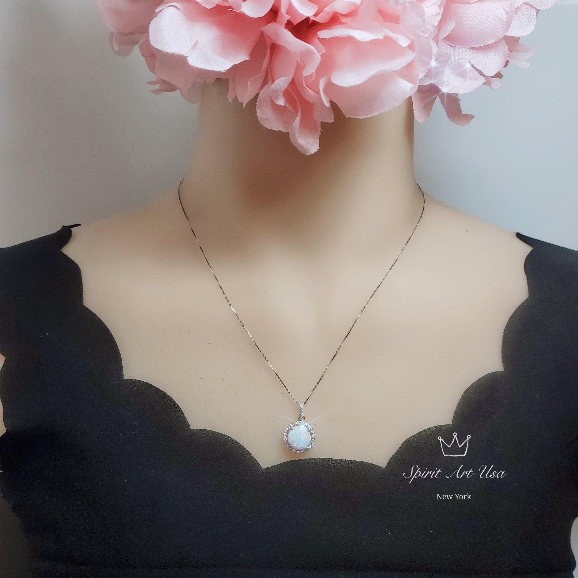 Opal Necklace - Large White Opal Gemstone Halo Circle Round 10mm 18KGP @ Sterling Silver Fire Opal #202