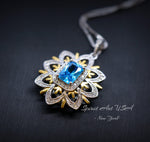 Blue Topaz Necklace, Gemstone Water Lily Flower Pendant, White Gold plated Sterling Silver 1 CT The goddess Athena Necklace #658