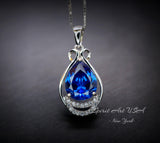Blue Sapphire Necklace - Teardrop Gemstone White Gold Sterling silver 2.8 CT Sapphire Pendant - Large Bridal Jewelry #487