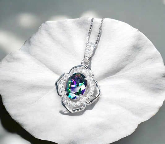 Small Mystic Topaz Necklace 1.5 ct -Sterling Silver White Gold Flower of Life Pendant #1009
