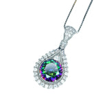 Mystic Rainbow Topaz Necklace - Sterling Silver Round 8mm Mystic Topaz Pendant - 18KGP - Teardrop Gemstone Halo Style #282