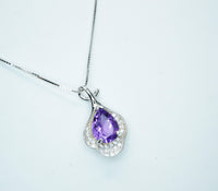 Natural Amethyst Necklace, Gemstone Petal Flower Pendant, 2.1 CT Genuine Purple Amethyst Pendant Sterling Silver White Gold Plated #455