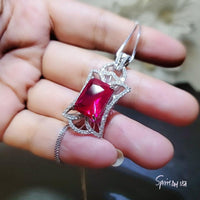 Large Ruby Necklace - Rectangle 10 CT Gemstone Red Ruby Pendant - 18KGP @ Sterling Silver - July Birthstone - Royal Flower Ruby Jewelry