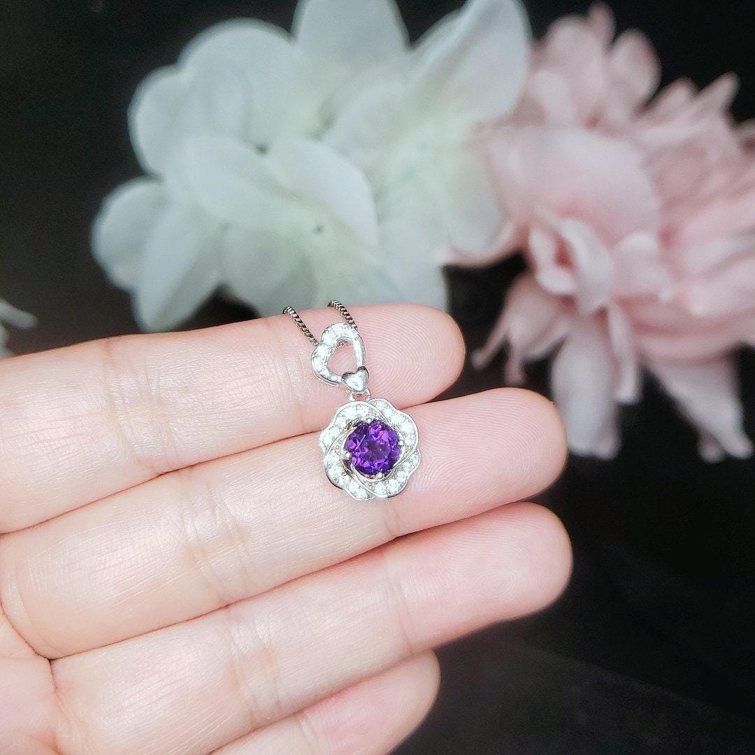 Natural Amethyst Necklace Pendant, February Birthstone 18K Gold Plated Sterling Silver Floral Design, rose flower jewelry #417