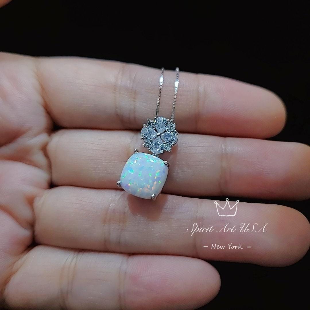 Four leaf clover Opal Necklace - Cushion Cut - White Fire Opal Pendant - Gemstone Flower Bail - White Gold coated Sterling Silver #448