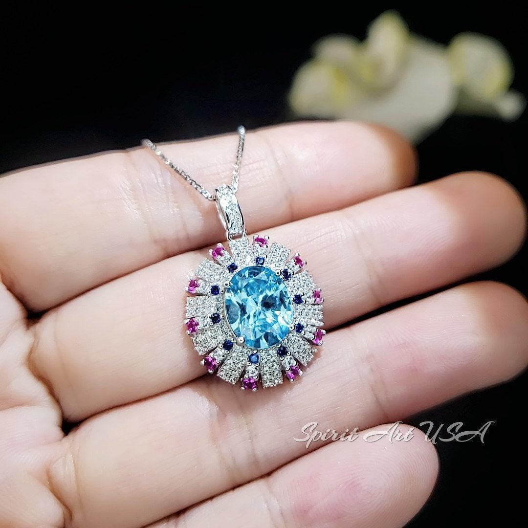 Luxury Radiant Blue Aquamarine Necklace Sky Blue Style White Gold coated Sterling Silver Aquamarine Pendant - Exclusive Design 2.8 CT #899