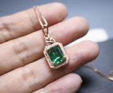 Dainty Emerald Necklace - Gemstone Accent Green Emerald Pendant - Rose Gold Coated 925 Sterling Silver Green Gemstone May Birthstone #344