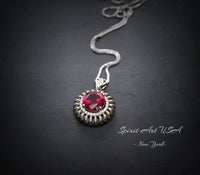 Ruby Necklace - Sterling Silver Large Sunflower Round Red Ruby Pendant - 14K White Gold Coated - Ruby Jewelry #965