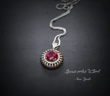 Ruby Necklace - Sterling Silver Large Sunflower Round Red Ruby Pendant - 14K White Gold Coated - Ruby Jewelry #965