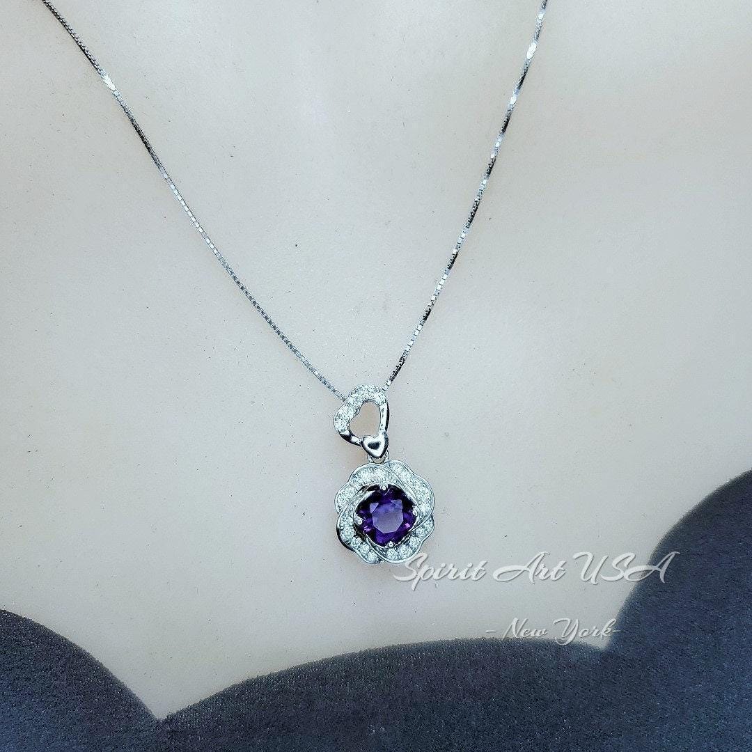 Natural Amethyst Necklace Pendant, February Birthstone 18K Gold Plated Sterling Silver Floral Design, rose flower jewelry #417