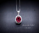 Gemstone Halo Ruby Necklace 2 CT Oval Solitaire Red Ruby Pendant Sterling Silver White Gold plated July Birthstone #164