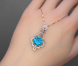 10mm Swiss Blue Topaz Necklace - Sterling Silver Flower 3.5 CT Blue Topaz Pendant - White Gold Plated Gemstone Halo Blue Topaz Pendant #504