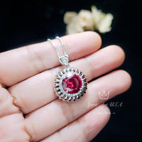 Ruby Necklace - Sterling Silver Large Sunflower Round Red Ruby Pendant - 14K White Gold Coated - Ruby Jewelry #965