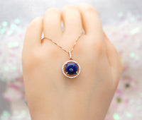 Lapis Lazuli Necklace - Rose Gold coated Sterling Silver Round Halo Gemstone Genuine Natural Blue Lapis Lazuli Pendant Jewelry #274