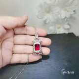 Large Ruby Necklace - Rectangle 10 CT Gemstone Red Ruby Pendant - 18KGP @ Sterling Silver - July Birthstone - Royal Flower Ruby Jewelry
