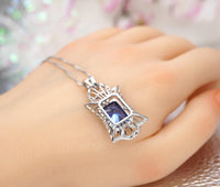 Royal Flower Tanzanite Necklace - Large Rectangle Tanzanite Jewelry - December Birthstone - Bridal Wedding Lab Tanzanite Pendant #888