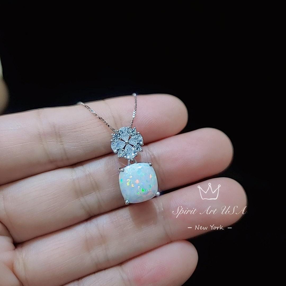 Four leaf clover Opal Necklace - Cushion Cut - White Fire Opal Pendant - Gemstone Flower Bail - White Gold coated Sterling Silver #448