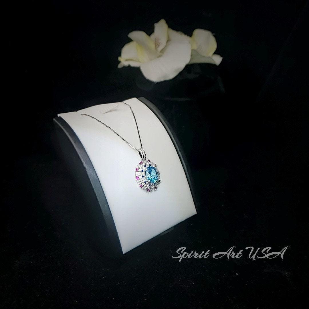 Luxury Radiant Blue Aquamarine Necklace Sky Blue Style White Gold coated Sterling Silver Aquamarine Pendant - Exclusive Design 2.8 CT #899