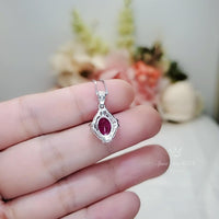 Sterling Silver Red Ruby Necklace, High Quality Ruby Halo Solitaire July Birthstone Red Gemstone Pendant White Gold plated #134