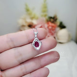 Sterling Silver Red Ruby Necklace, High Quality Ruby Halo Solitaire July Birthstone Red Gemstone Pendant White Gold plated #134