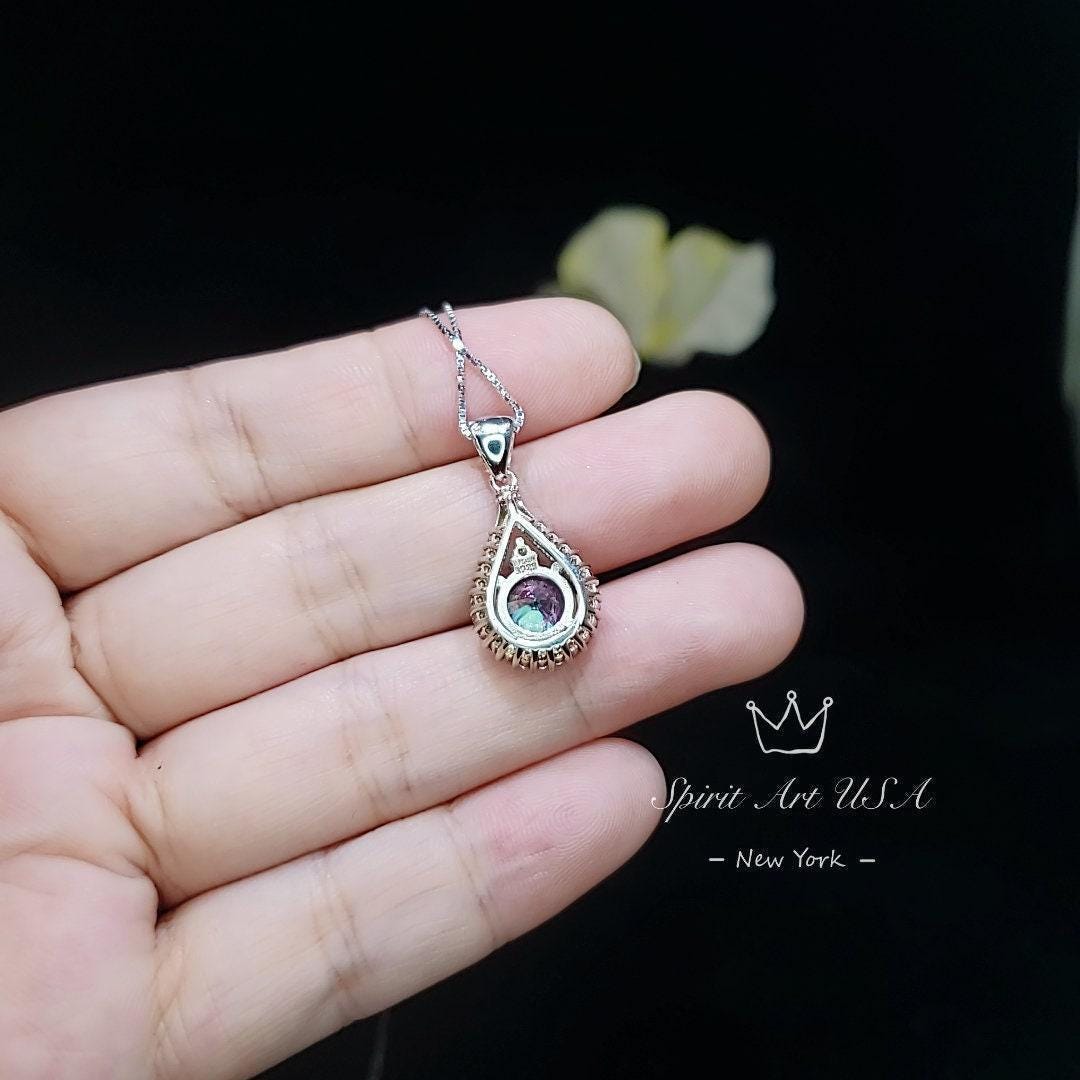 Mystic Rainbow Topaz Necklace - Sterling Silver Round 8mm Mystic Topaz Pendant - 18KGP - Teardrop Gemstone Halo Style #282