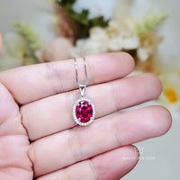 Gemstone Halo Ruby Necklace 2 CT Oval Solitaire Red Ruby Pendant Sterling Silver White Gold plated July Birthstone #164