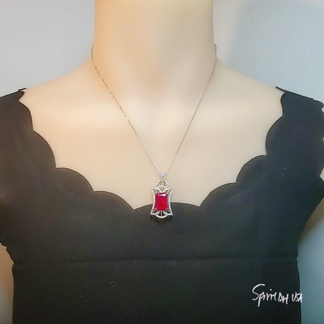 Large Ruby Necklace - Rectangle 10 CT Gemstone Red Ruby Pendant - 18KGP @ Sterling Silver - July Birthstone - Royal Flower Ruby Jewelry
