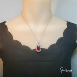 Large Ruby Necklace - Rectangle 10 CT Gemstone Red Ruby Pendant - 18KGP @ Sterling Silver - July Birthstone - Royal Flower Ruby Jewelry