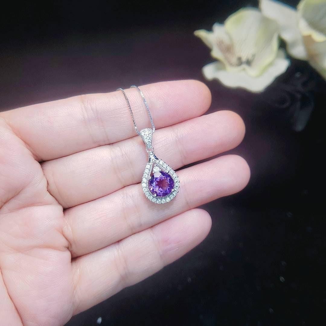Genuine Amethyst Necklace - 925 Sterling Silver Round Natural Amethyst Pendant - Gemstone White Gold Plated February Birthstone #496