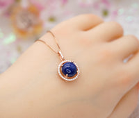 Lapis Lazuli Necklace - Rose Gold coated Sterling Silver Round Halo Gemstone Genuine Natural Blue Lapis Lazuli Pendant Jewelry #274