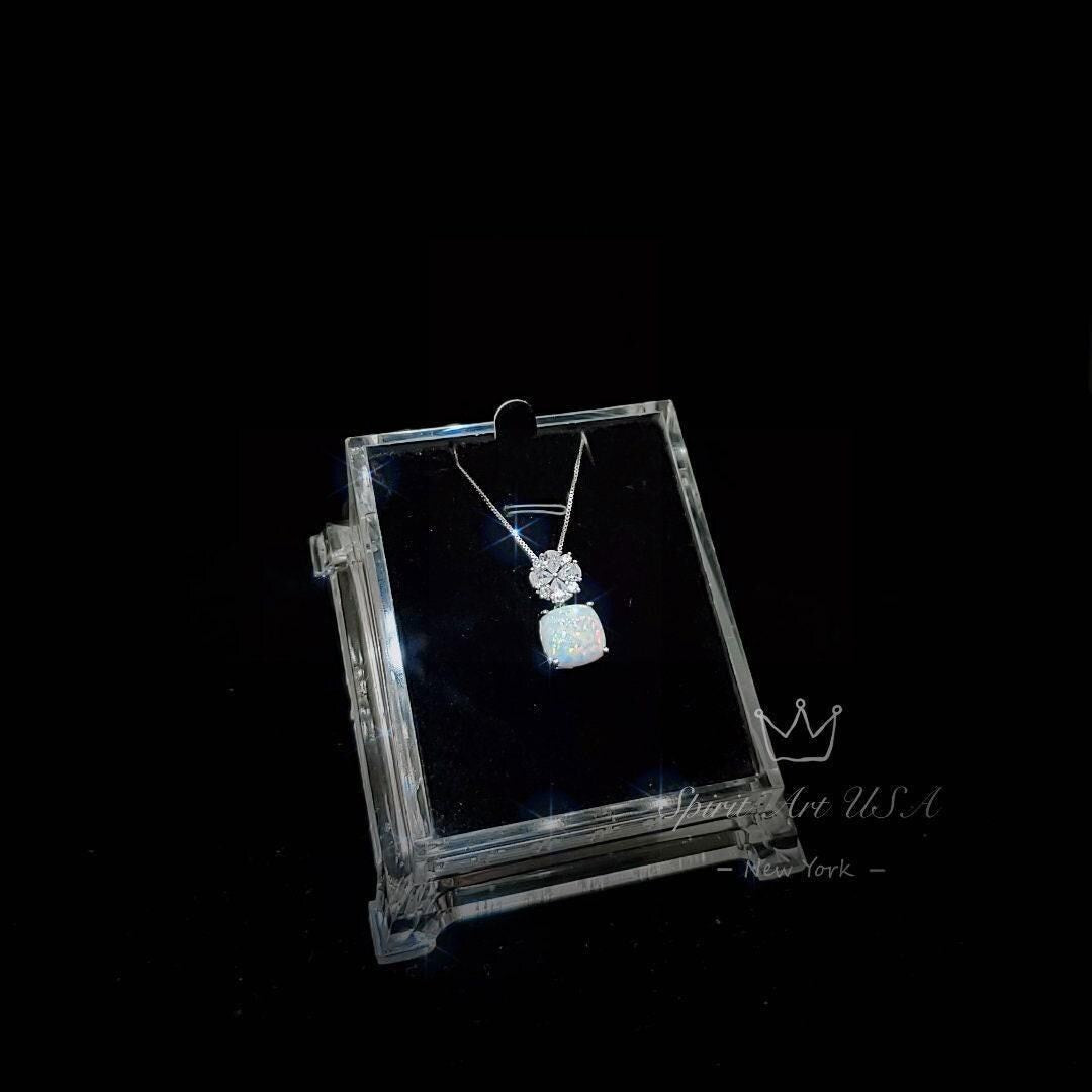 Four leaf clover Opal Necklace - Cushion Cut - White Fire Opal Pendant - Gemstone Flower Bail - White Gold coated Sterling Silver #448