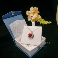 Ruby Necklace - Sterling Silver Large Sunflower Round Red Ruby Pendant - 14K White Gold Coated - Ruby Jewelry #965