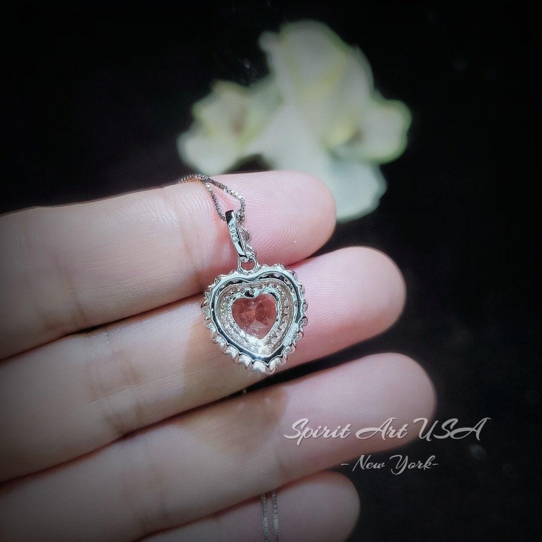 Pink Morganite Necklace - Pink Heart Pendant - 18KGP @ Sterling Silver - Double Halo Pink Morganite Jewelry #928