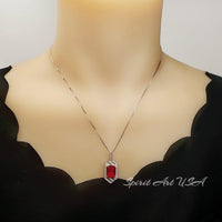 Large Geometric Ruby Necklace - Full Sterling Silver Gemstone Spacecraft Style - 4.5 Ct Rectangle Cut Ruby Jewelry #757