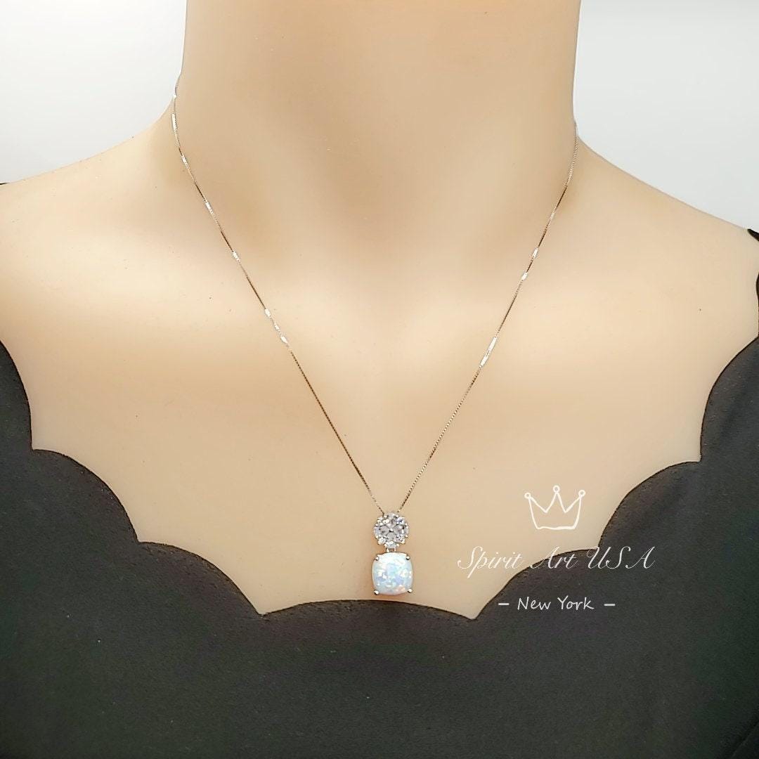 Four leaf clover Opal Necklace - Cushion Cut - White Fire Opal Pendant - Gemstone Flower Bail - White Gold coated Sterling Silver #448