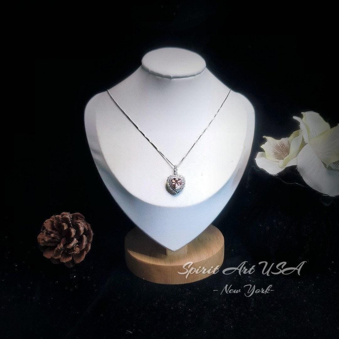 Pink Morganite Necklace - Pink Heart Pendant - 18KGP @ Sterling Silver - Double Halo Pink Morganite Jewelry #928