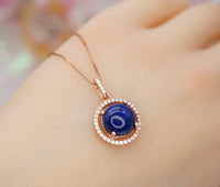 Lapis Lazuli Necklace - Rose Gold coated Sterling Silver Round Halo Gemstone Genuine Natural Blue Lapis Lazuli Pendant Jewelry #274