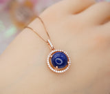 Lapis Lazuli Necklace - Rose Gold coated Sterling Silver Round Halo Gemstone Genuine Natural Blue Lapis Lazuli Pendant Jewelry #274