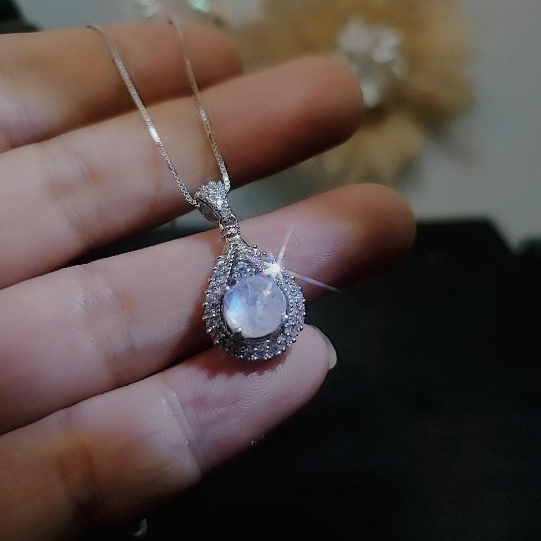 Genuine Flash Moonstone Necklace - Sterling Silver Teardrop Cubic Zirconia Pendant - Round Moonstone Jewelry 1083