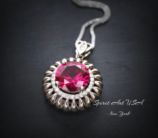 Ruby Necklace - Sterling Silver Large Sunflower Round Red Ruby Pendant - 14K White Gold Coated - Ruby Jewelry #965