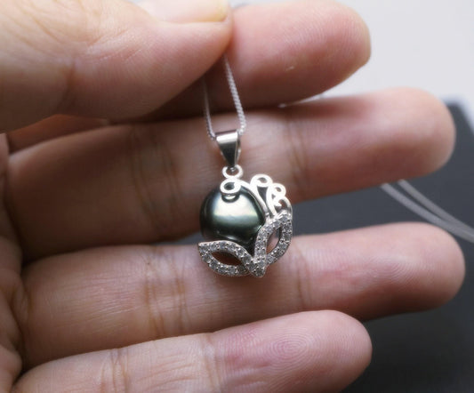Black Pearl Necklace - 925 Sterling Silver Mask Party Jewelry - Freshwater Pearl Pendant 2626